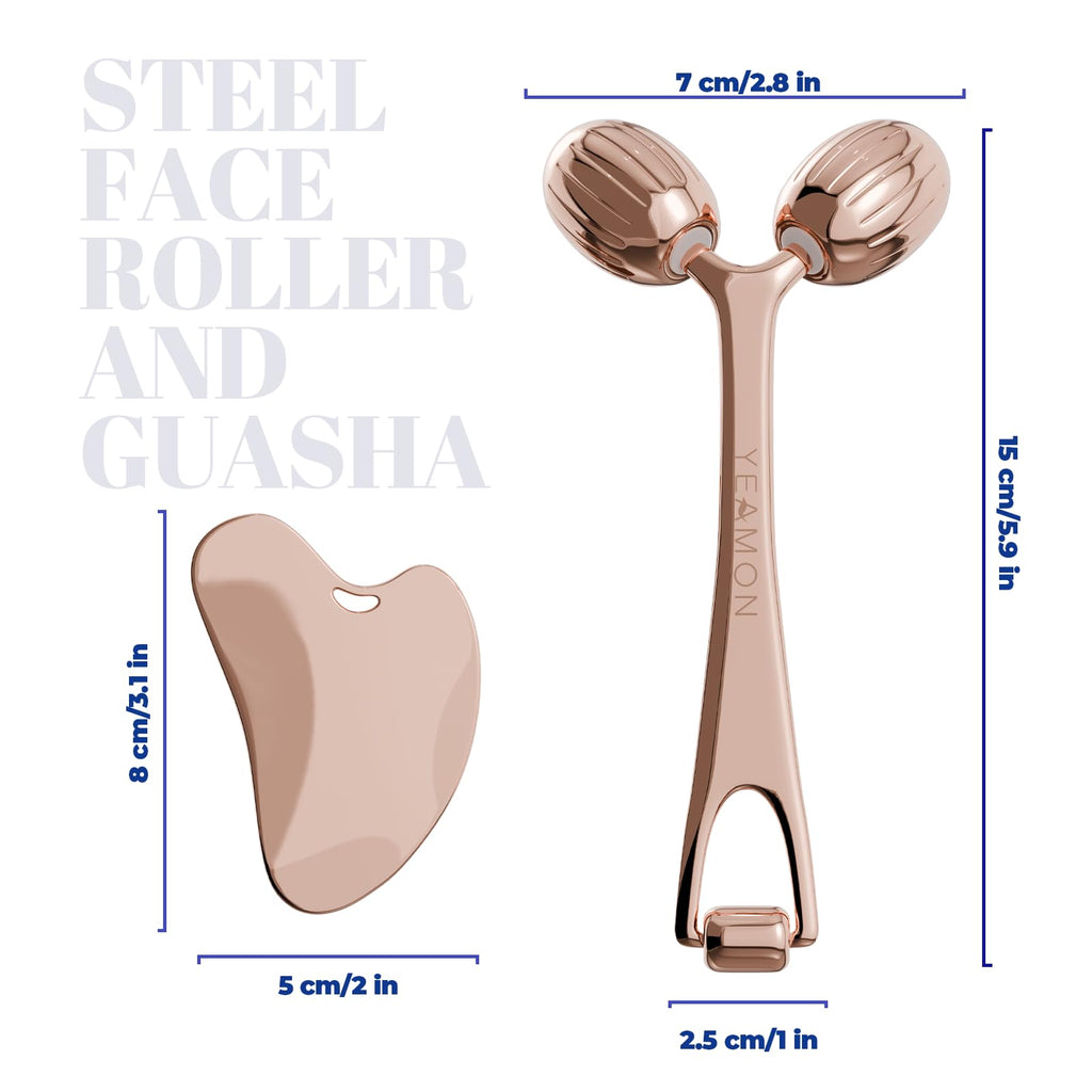 Yeamon Gua Sha Facial Tools and Face Roller Set, Facial Massage Tool for Women’s Skincare Routine,Cooling Stainless Steel Face Sculpting Eyes Roller Guasha for Daily Use or Self-Care Gift for Women