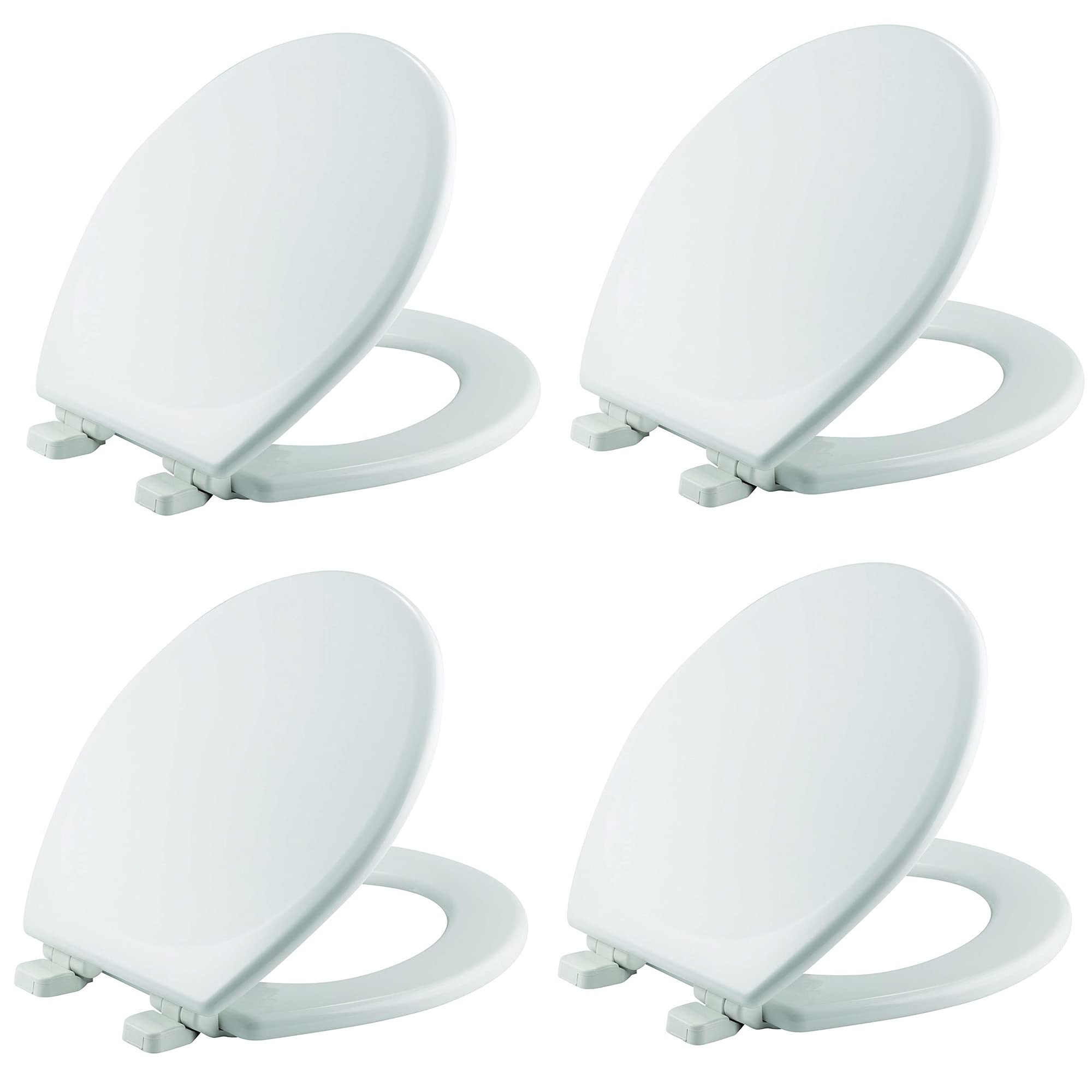 Mayfair Linden Slow Close Toilet Seat, Non Slip Heavy Duty Wood, Easy Install, Made in USA, Round, White, 4 Pack
