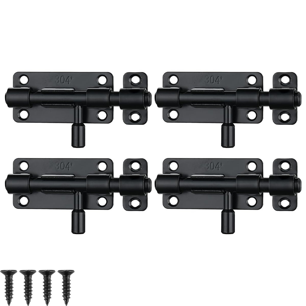 JQK Door Security Slide Latch Lock Barrel Bolt, 304 Stainless Steel Sliding Gate Latches Thickened 1.4mm with Padlock Hole, Black, 4 Pack HBB120-BK-P4