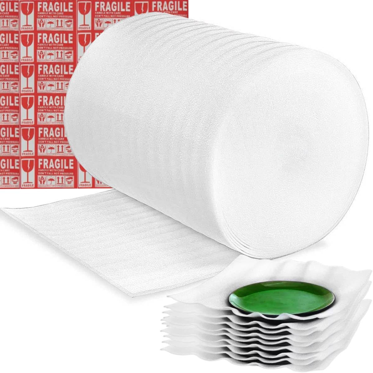 Parts3A Moving Supplies, Foam Wrap Roll 16" Wide x 160' Length, For Protecting Fragile Articles,Furniture,Transportation Packing,Stuffing of Carton,with 60 Fragile Stickers (16"160')