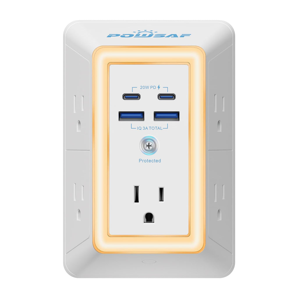 Multi Plug Outlet Surge Protector - POWSAF 5 Outlet Extender with 4 USB Ports(2 USB-C Fast Ports) and Night Light, 3-Sided Power Strip with Adapter Spaced Outlets - ETL, White