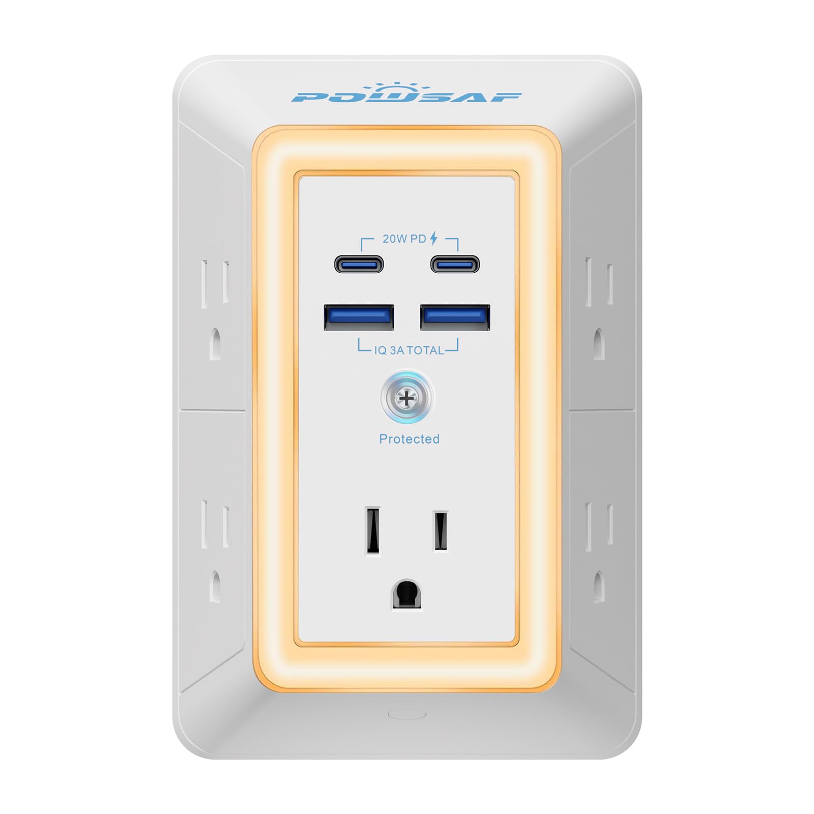 Multi Plug Outlet Surge Protector - POWSAF 5 Outlet Extender with 4 USB Ports(2 USB-C Fast Ports) and Night Light, 3-Sided Power Strip with Adapter Spaced Outlets - ETL, White