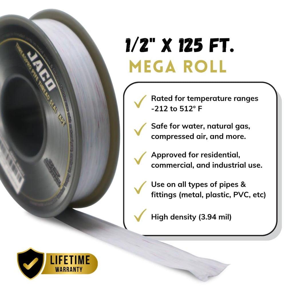 JACO ThreadPro High-Density Thread Seal Tape - 1/2" x 125 ft. (Mega Roll) | Professional PTFE Pipe Sealant | Plumbers Tape (3-Pack)