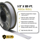 JACO ThreadPro High-Density Thread Seal Tape - 1/2" x 125 ft. (Mega Roll) | Professional PTFE Pipe Sealant | Plumbers Tape (3-Pack)