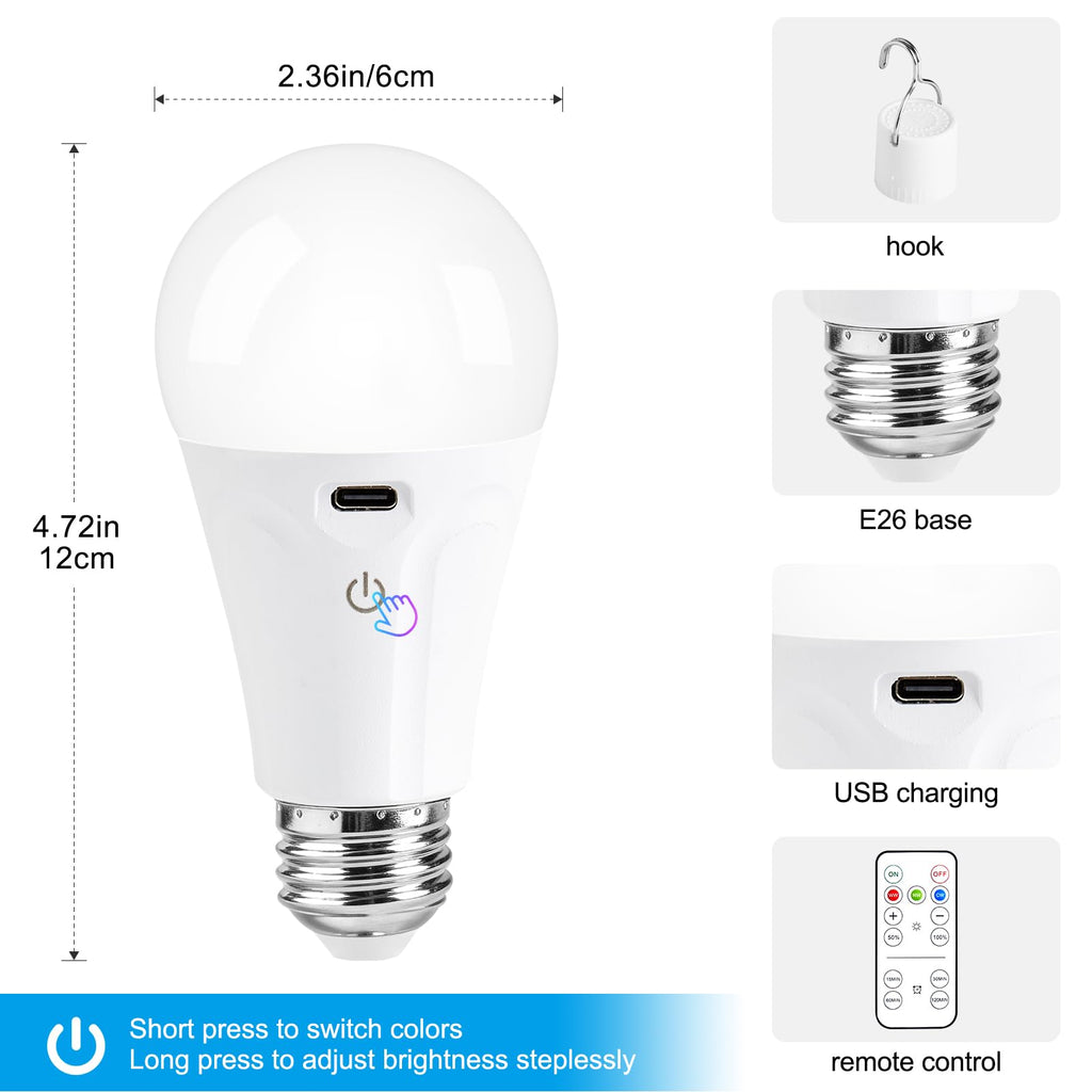 Powfloven E26 Rechargeable Light Bulbs with Remote and USB Charging, 4 Pack