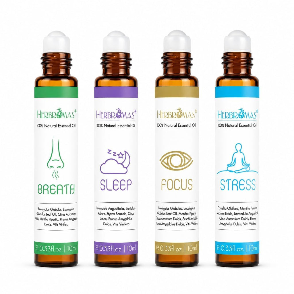 HERBROMAS Aromatherapy Oils Roller Set, Natural Pre-diluted Essential Oils Roll On with Glass Rollerball, Relaxation Gift for Women & Men, Christmas Gift, Pack 4 x 0.33fl.oz