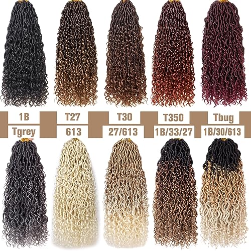 COOKOO Bohemian River Faux Locs Synthetic Braids Hair 18 Inch 8 Packs Burgundy Red Goddess Locs Hair with Curly Ends Ombre River Locs Crochet Braiding Hair for Women Boho Style Crochet Braids Tbug#