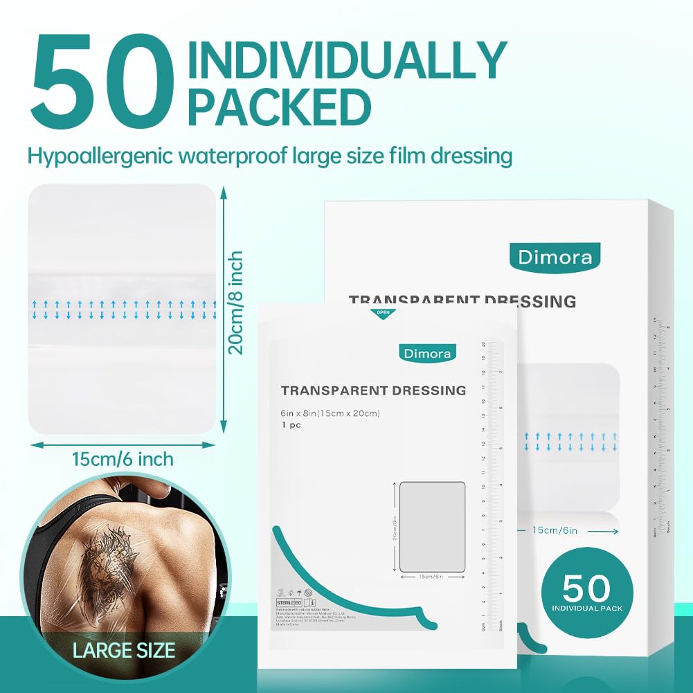 Dimora Waterproof Transparent Film Dressing, Large Clear Wound Bandages 6x8 inch 50 Pack, Post Surgical Skin Protector, Adhesive Medical Pad for Swimming,Showering,Tattoo Aftercare,IV Fixing