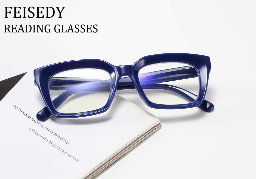 FEISEDY Square Blue Light Blocking Reading Glasses Anti Glare Digital Eyestrain Reader B2479 Blue 1.75x