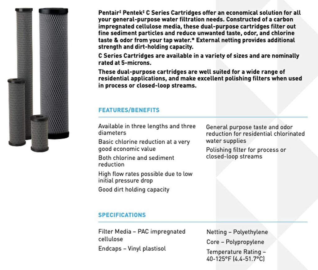Pentair Pentek C1 Carbon Water Filter, 10-Inch, Under Sink Dual Purpose Powdered Activated Carbon-Impregnated Cellulose Replacement Cartridge, 10" x 2.5", 5 Micron, Black