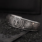 BaBakiak St Benedict Exorcism Medal Cuff Bracelet, Stainless Steel Christian Catholic Roman Cross Bangle, Patron Saint Amulet Medal Jewelry