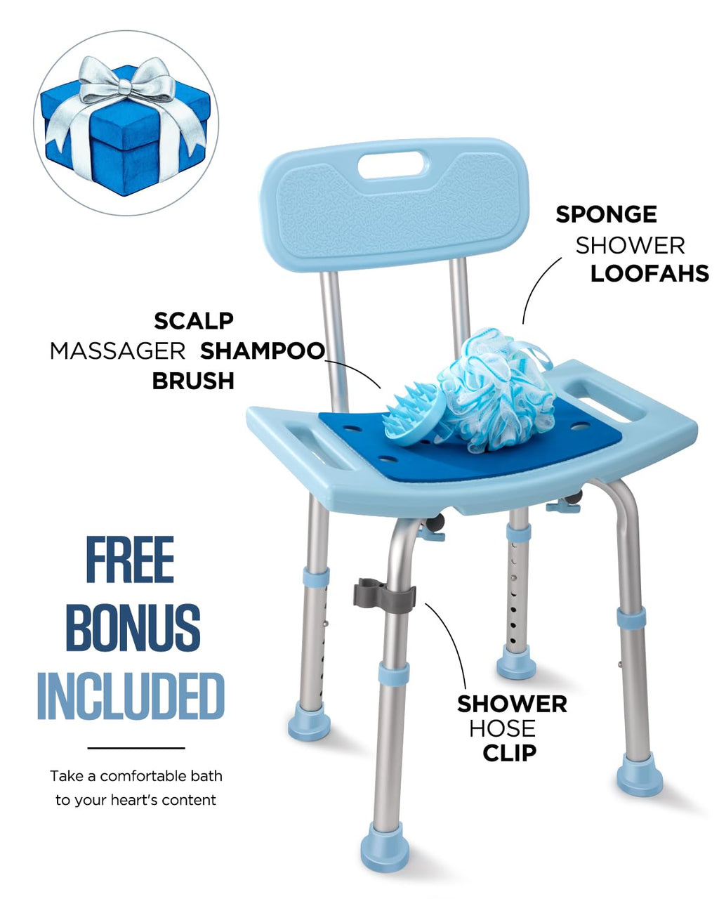 Shower Chair with Back for Elderly Seniors,Shower Stools and Benches for Adults,Bath Chair Shower Benches for The Disabled,Shower Seats,Blue Tub Chair
