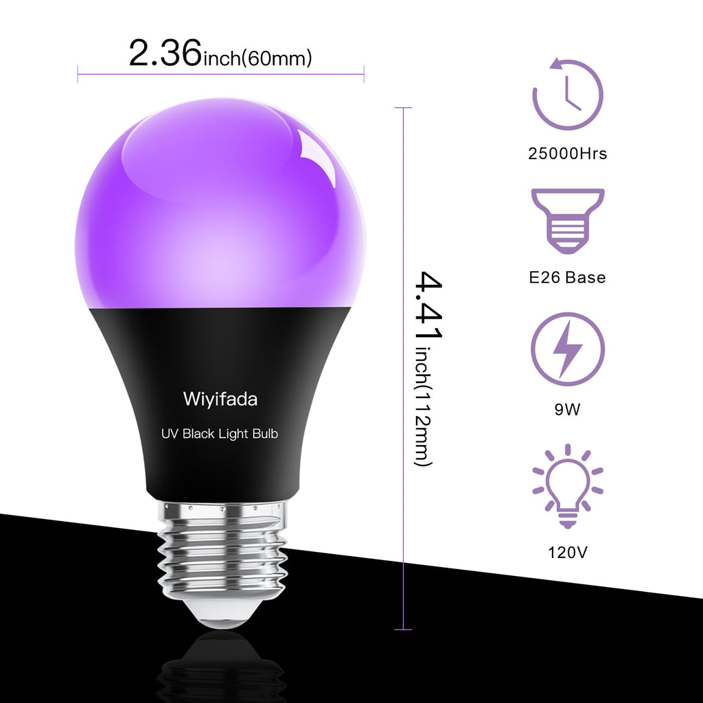 Wiyifada LED Black Light Bulbs 2 Pack, Dimmable A19 9W,UVA Level 385-400nm