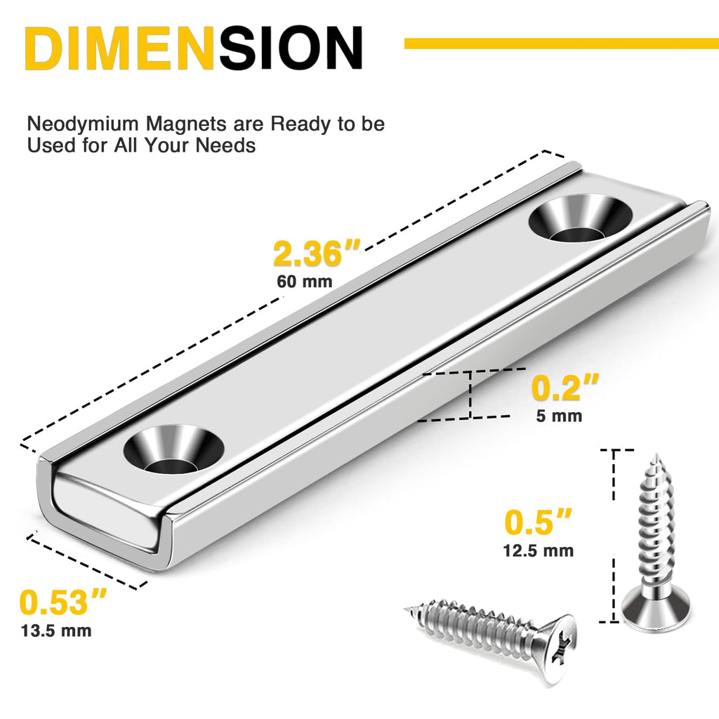 Strong Neodymium Rectangular Pot Magnets with Counter Bore, 70LBS(25 KG) Pulling Force Countersunk Hole Magnets with Mounting Screws - 60x13.5x5mm, Pack of 12