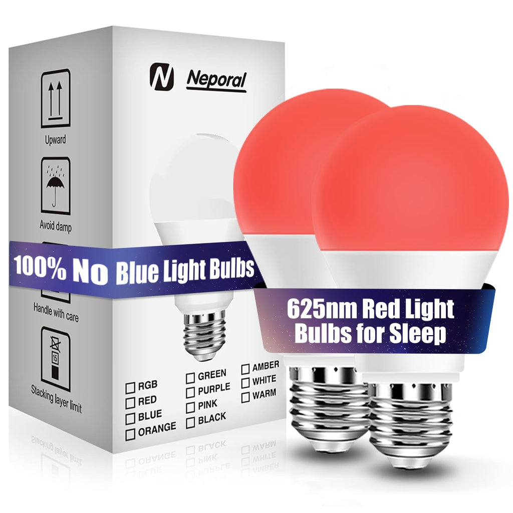 Neporal 625nm Red Light Bulbs for Sleep, 100% Blue Light Blocking Light Bulb, 9W Red Light Bulb for Melatonin Promoting, A19 60W Equivalent Dim Light Bulbs for Bedroom, Baby Nursery,2 Pack