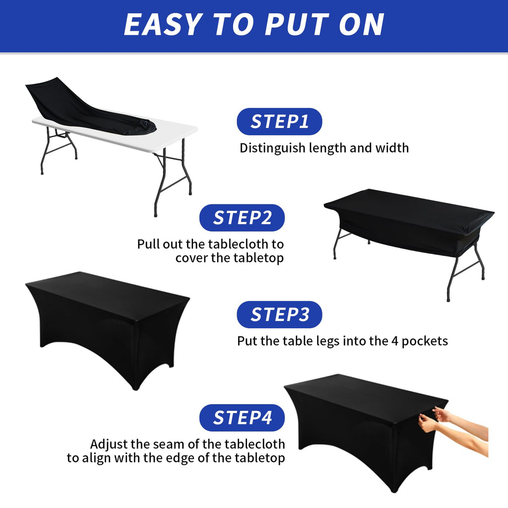Fixwal 3 Pack 6FT Black Tablecloth Rectangle Spandex Fitted Table Cover