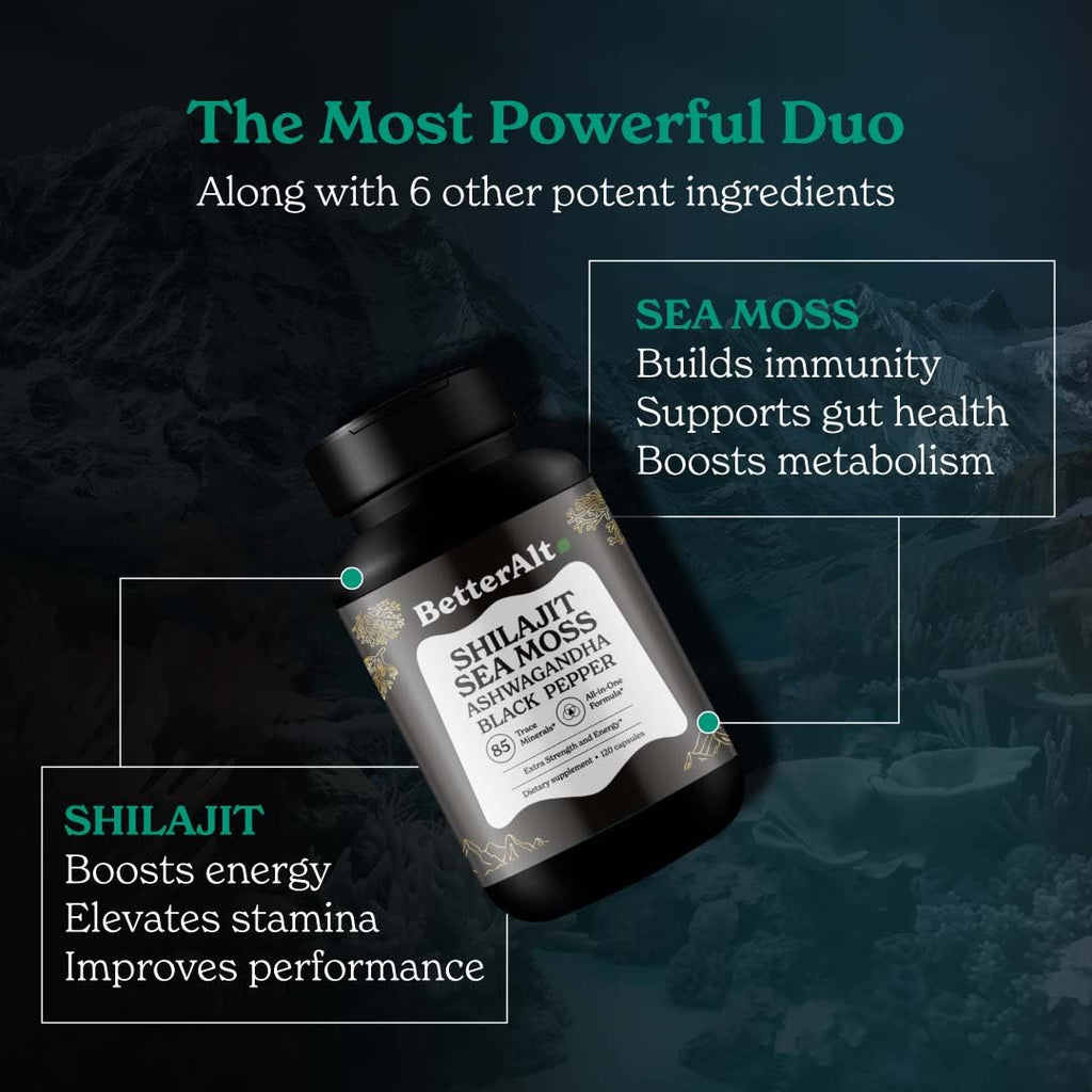 Better Alt Shilajit Sea Moss Capsules Pack of 2 with Ashwagandha & Black Pepper Extract with 85+ Essential Minerals & Antioxidants| Boosts Energy & Metabolism - 120 Servings, 240 Capsules