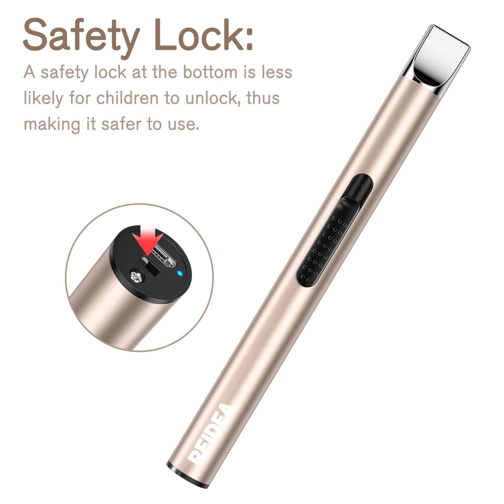 REIDEA Electronic Candle Lighter - USB Rechargeable with Security Lock, Windproof, Non-Slip Switch for Candle, Grill, Camping (Champagne Gold + White)