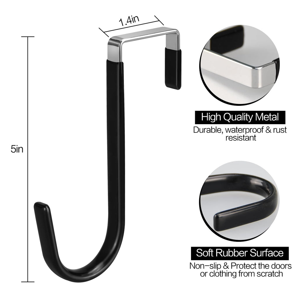 DkOvn 4 Pack Over The Door Hook, Door Hooks, Black Rubber Surface Prevent Scratch Door Hanger Hooks for Bathroom, Living Room, Kitchen, Hanging Clothes, Towels, Bags