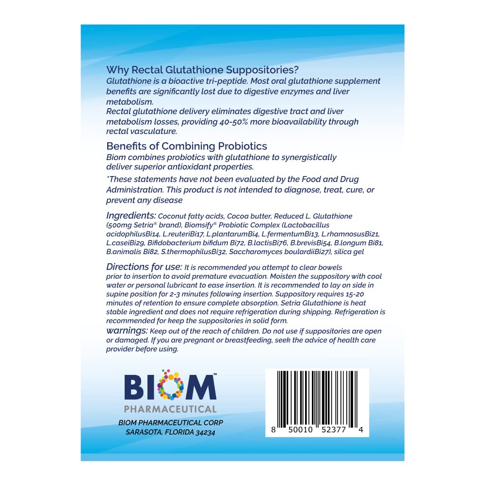 High Potency 500mg Reduced L-Glutathione (Setria Brand) + Probiotic Suppository. Maximum Bioavailable Glutathione Formulation with Powerful Antioxidants. Probiotic Complements the Formulation