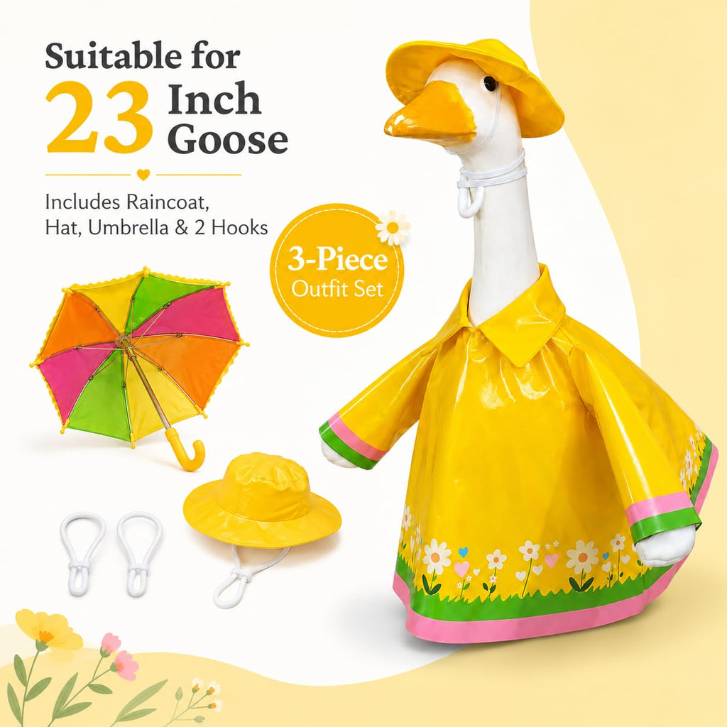 Metyond 3 Pcs/Set Raincoat Porch Goose Outfits, Summer Lawn Goose Statue Raincoat Costume, Yard Goose Clothes for 23" H Statue Patio Garden Decoration (Flower, Yellow)