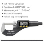 REXBETI Digital Micrometer, Professional Inch/Metric Measuring Tools 0.00005"/0.001 mm Resolution Thickness Gauge, Protective Case with Extra Battery