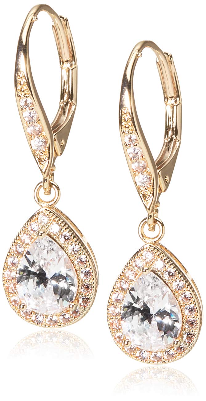 Anne Klein Gold Tone Cubic Zirconia Pear Shape Leverback Drop Earrings for Women – Clear CZ Pave Halo Dangle Earrings, Elegant Gold Fashion Jewelry