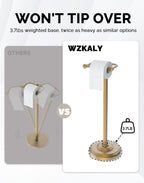 WZKALY Toilet Paper Holder Stand, Brushed Brass Toilet Paper Holder Free Standing, Post Pivoting Design & Stable Weighted Base SUS304 Stainless Steel for Bathroom(Mega Roll)