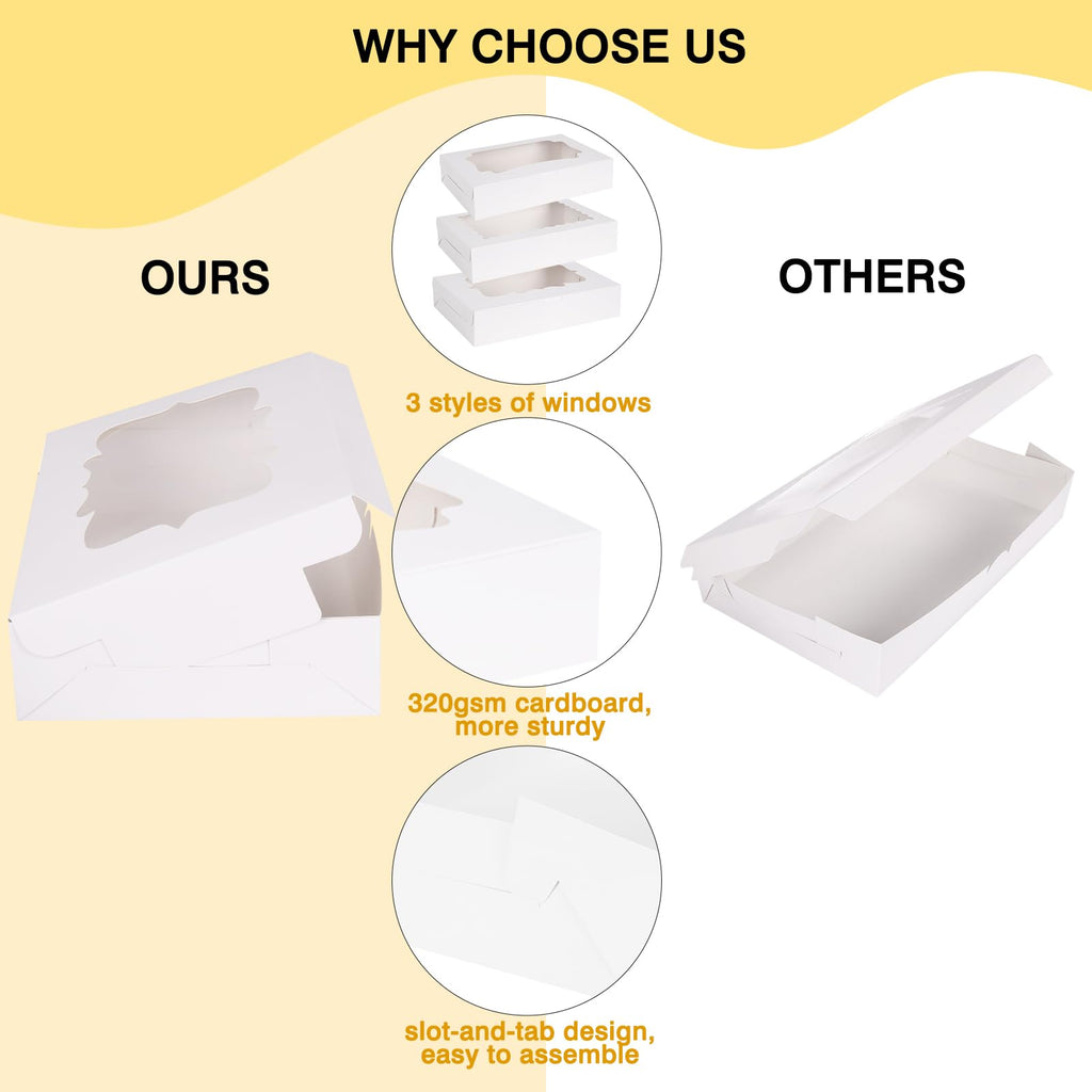 TOMNK 60pcs Cookie Boxes with 3 Style Window, 12x8x2.5in White Bakery Boxes