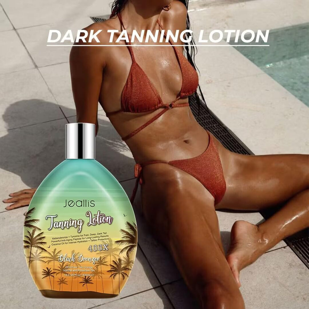 Jeallis Extreme Dark Tanning Lotion Accelerator for Indoor Tanning Beds & Outdoor Sun Tan with Bronzer to Get Dark Fast Tan, Bronzing Tanning Lotion with Tattoo Protecting Formula, DHA Free, 13.5oz