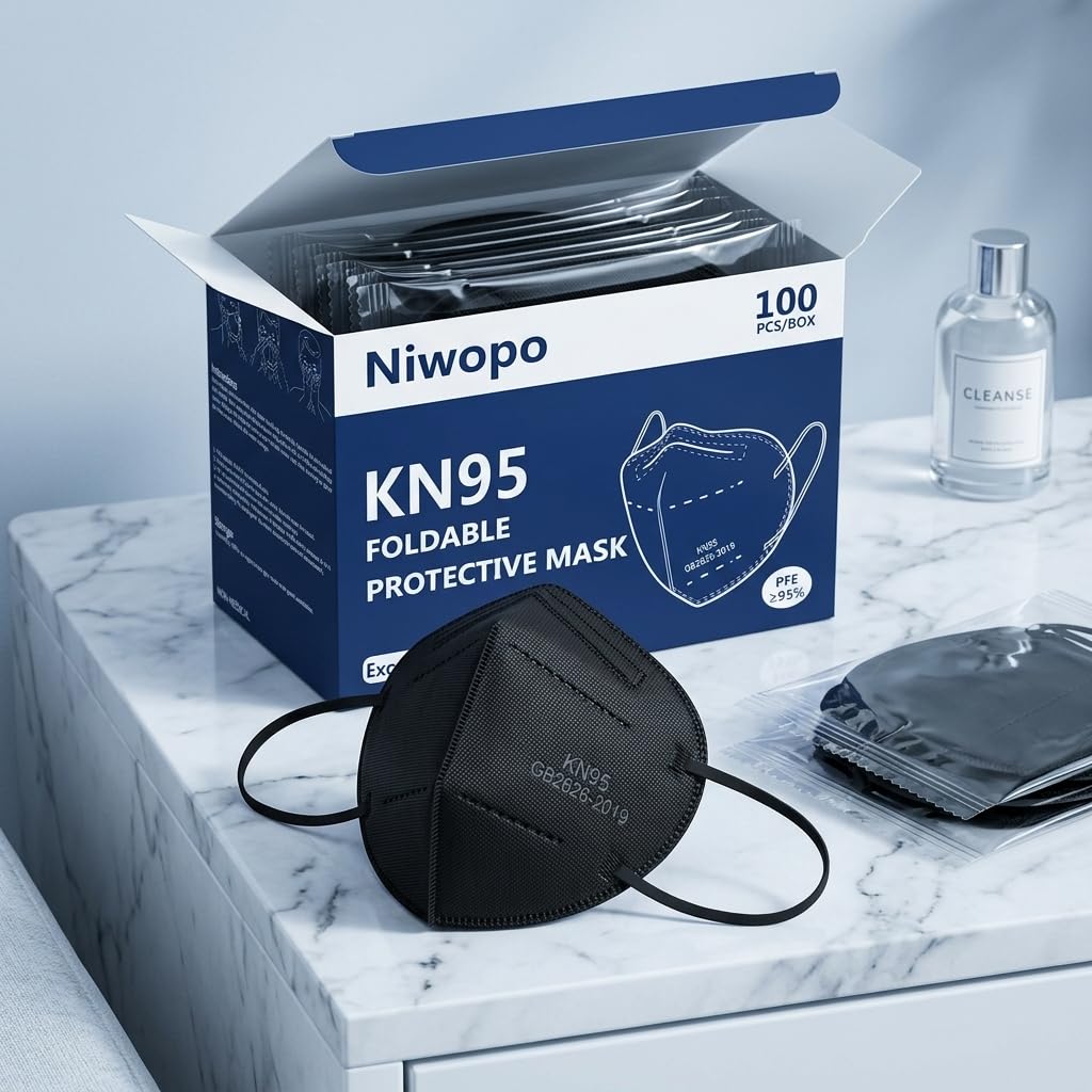 NIWOPO KN95 Face Mask 100 Pack, Individually Wrapped, 5-Ply Breathable Comfortable Safety Mask Filter Efficiency≥95% Against PM2.5 Black masks