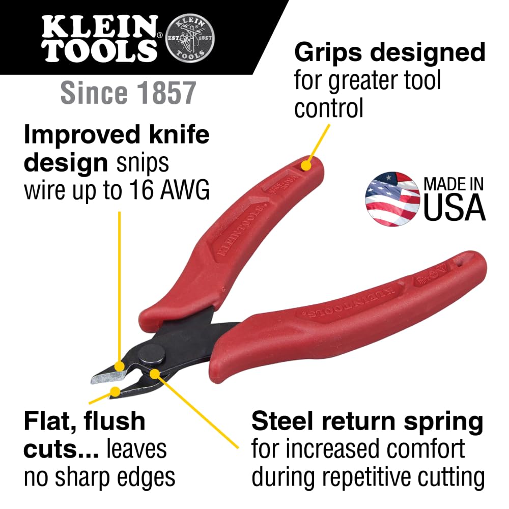 Klein Tools D275-5 Diagonal Flush Cutters, Made in USA, Micro Wire and Compact Zip Tie Cutter, Ultra-Slim Precision for Work in Confined Areas, 5-Inch