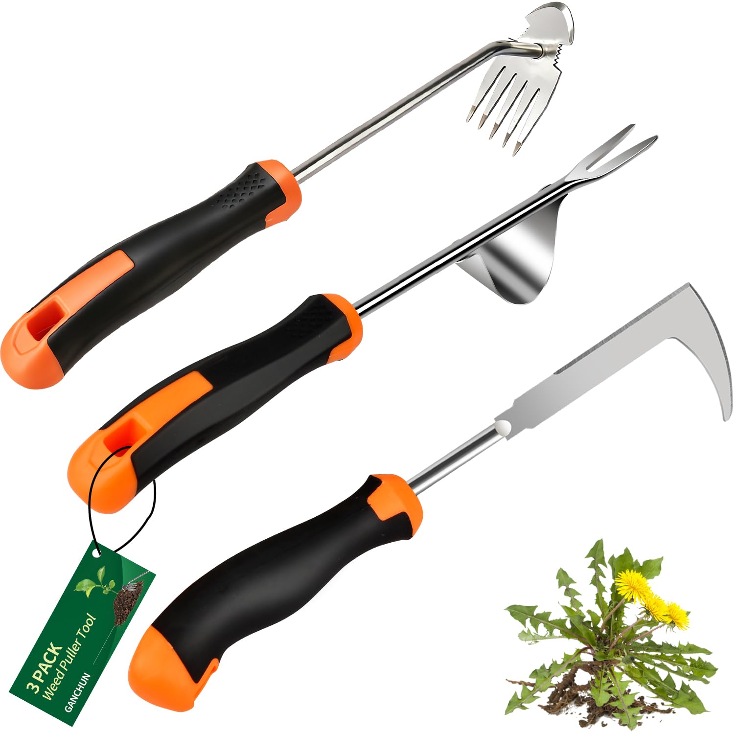 GANCHUN 2026 Weed Puller Tool, 3 Pack New Garden Stainless Steel Weeder Tool Hand Weeder Tool,Multi-Purpose Weed Remover Tool Weeding Tools for Gardening(Rubber Handle)