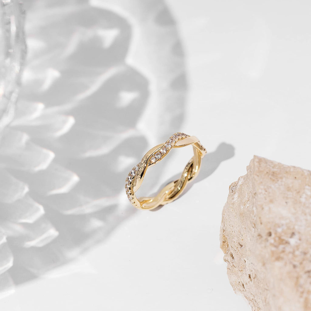 PAVOI 14K Gold Plated Twisted Rope CZ Eternity Ring for Women - Yellow Gold