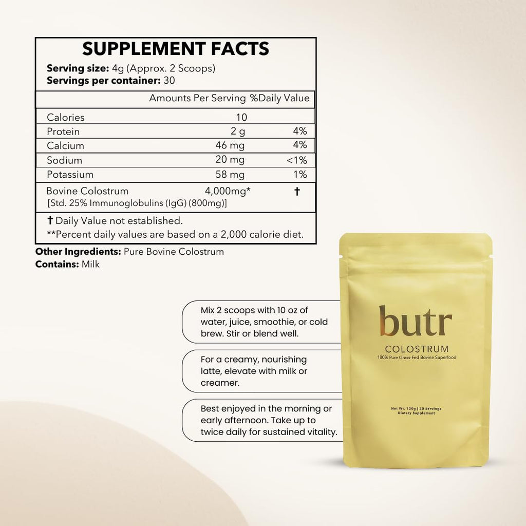 butr Grass-Fed Bovine Colostrum Powder | 4g Colostrum Per Serving | Immunoglobulins | First Day Milking | Gut Health, Immune Support, Recovery & Daily Wellness | Unflavored | 30 Servings