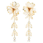 Women's Cream Floral Dangle Earrings, Large Pearlescent Flower Statement, Botanical Leaf Tassel Jewelry, Romantic Bohemian Accessory, Gift for Her