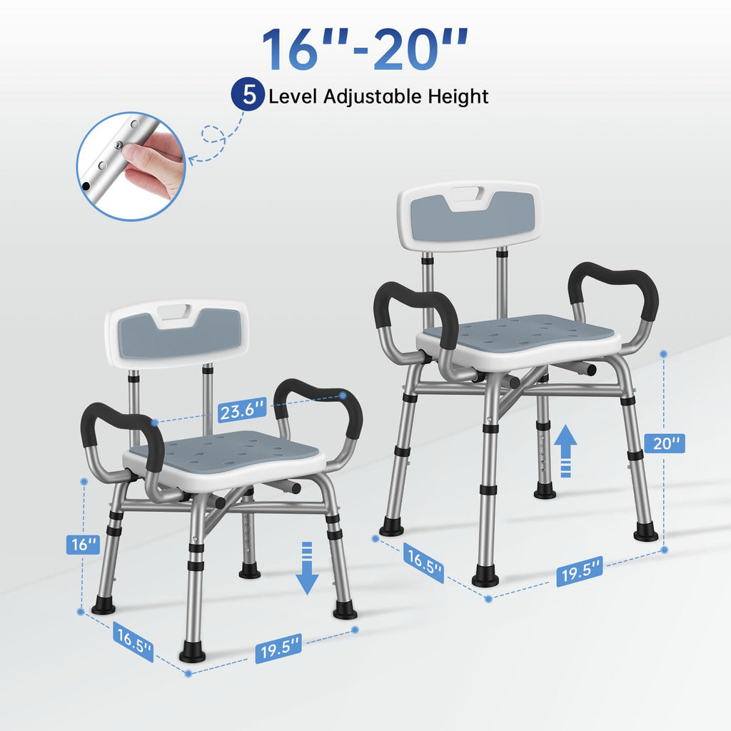BRITULIF Adjustable Shower Chair with Arms & Back, Stable Heavy Duty 550lbs Safety Bathtub Seat with Non-Slip Feet, Rust-Resistant Aluminum Frame & Tool-Free Assembly for Elderly & Disabled