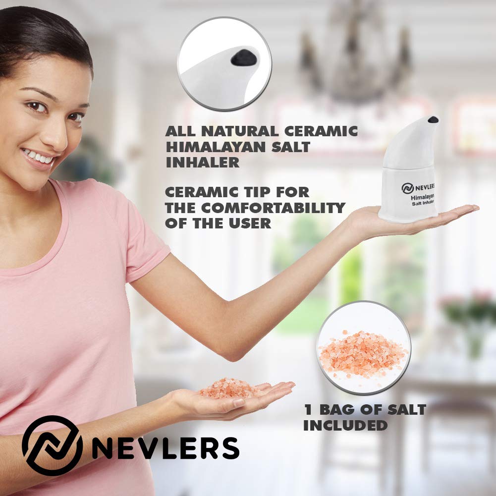 Nevlers White Himalayan Salt Inhaler for Lungs & Nose w/ 6 Oz Coarse Pink Himalayan Sea Salt | Portable Ceramic Himalayan Pink Salt Inhaler | Natural Homeopathic Sinus & Asthma Relief Smelling Salts