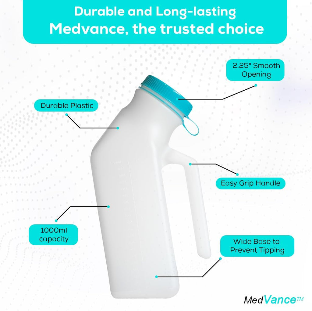 MedVance- Urinals for Men 1000ml with Glow in The Dark Spill Proof Pop Cap Lid, Plastic Pee Bottles for Men, Male Urinals, Pee Container Men, Portable Urinal for Car, Elderly & Incontinence (2 Pack)