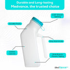 MedVance- Urinals for Men 1000ml with Glow in The Dark Spill Proof Pop Cap Lid, Plastic Pee Bottles for Men, Male Urinals, Pee Container Men, Portable Urinal for Car, Elderly & Incontinence (2 Pack)