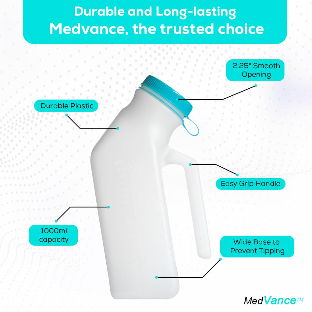 MedVance- Urinals for Men 1000ml with Glow in The Dark Spill Proof Pop Cap Lid, Plastic Pee Bottles for Men, Male Urinals, Pee Container Men, Portable Urinal for Car, Elderly & Incontinence (2 Pack)