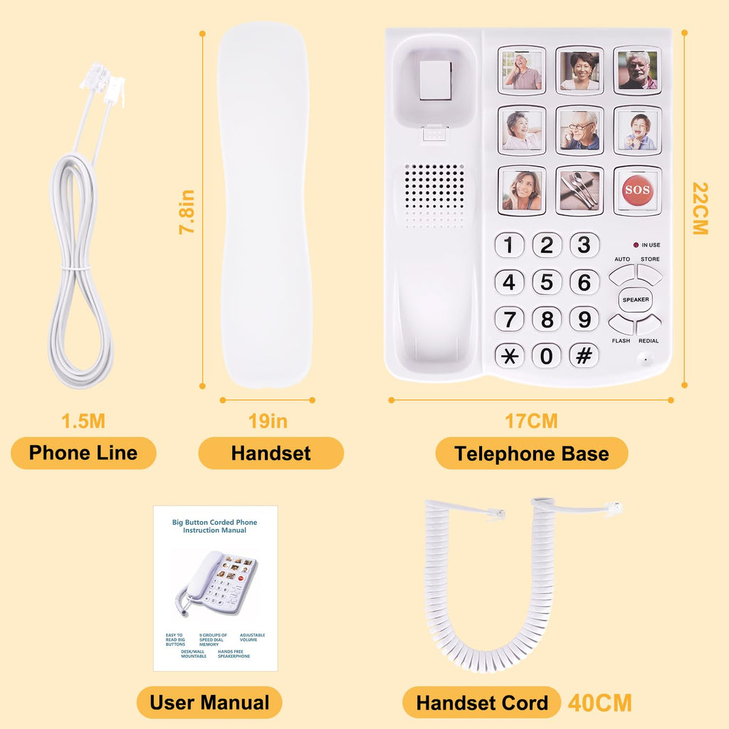 Uvital Big Button Phone for Seniors, Corded Landline Phone with 9 One-Touch Dialing Big Buttons, Hands-Free Calling, Loud Ringer, Easy to Use for Visually Impaired Telephone for Seniors