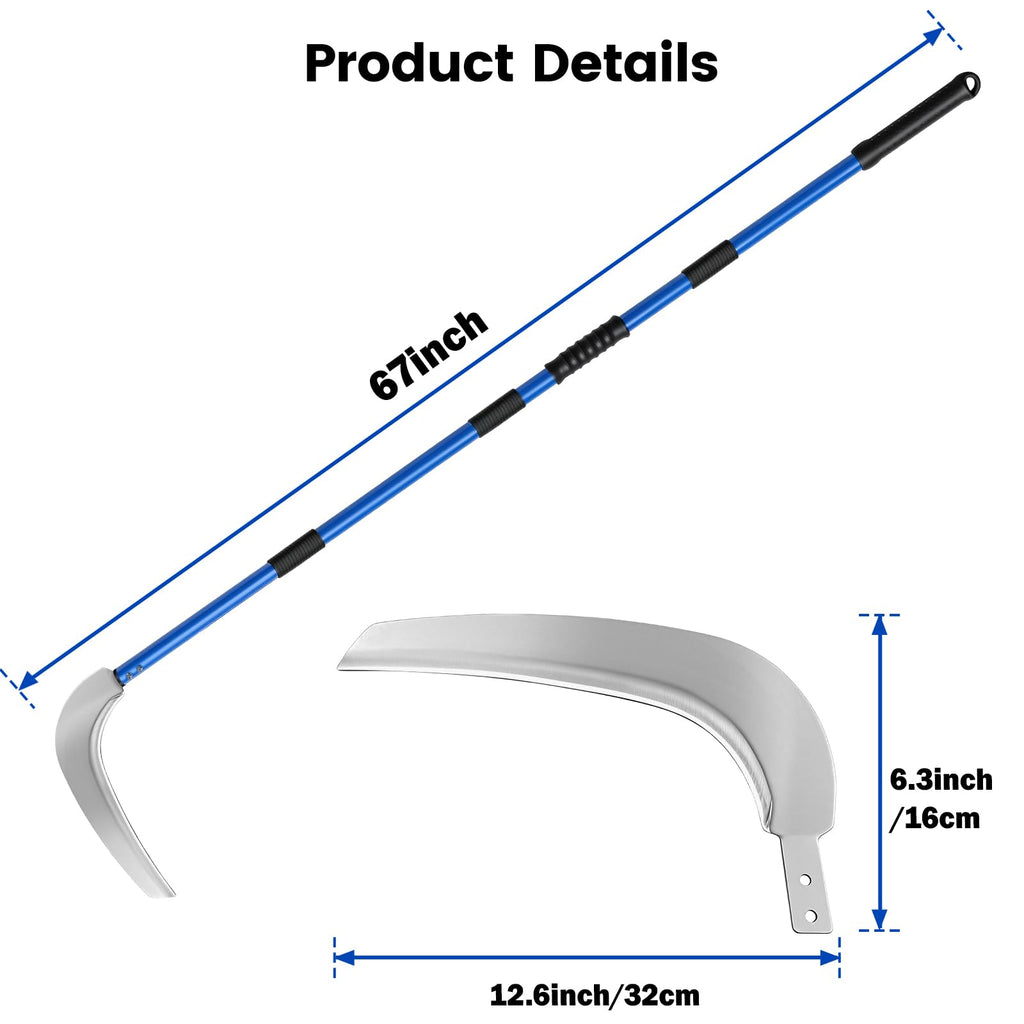 12.6'' Scythe Tool for Grass Cutting, 4 Stainless Steel Poles, Adjustable Dual-Hand Grip, Professional-Grade Blade, for Clearing Bushes, Vines, Fields, Ditches, Paths, Landscaping, Blue, 67in.