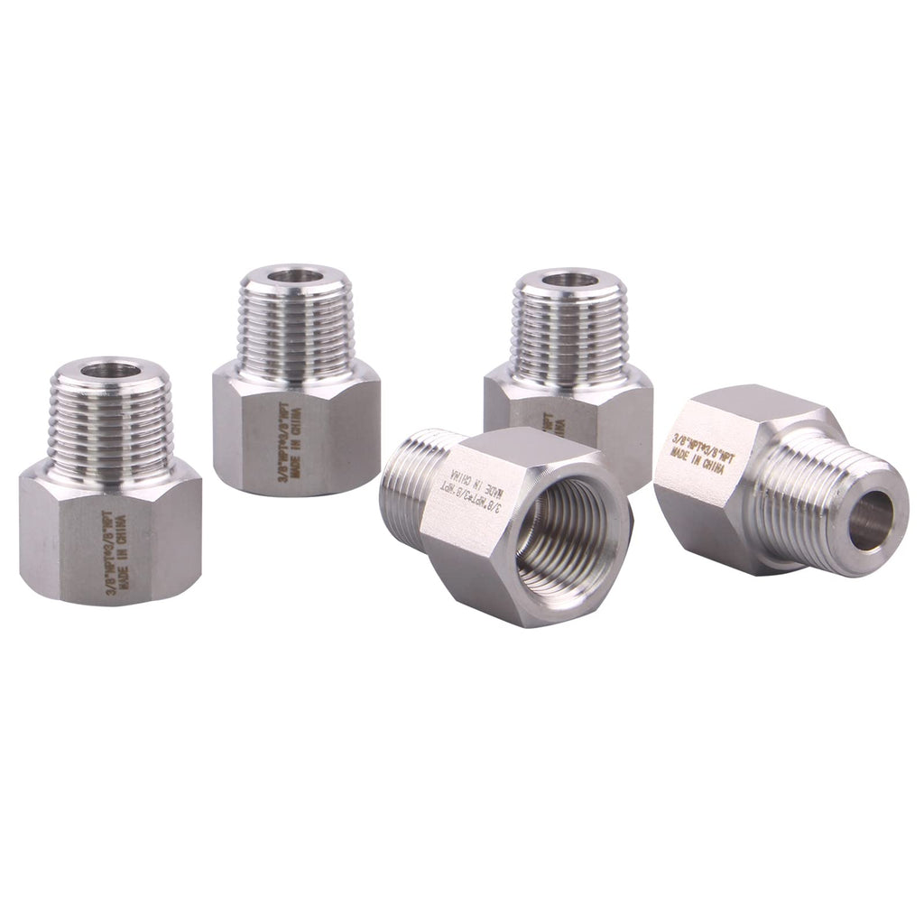 DERPIPE Forged Reducer Adapter Fitting - Stainless Steel 304 Reducing Pipe Connector, 3/8" NPT Female x 3/8" NPT Male (pack of 5)
