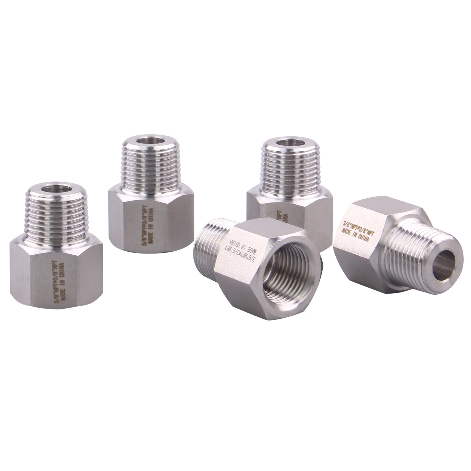DERPIPE Forged Reducer Adapter Fitting - Stainless Steel 304 Reducing Pipe Connector, 3/8" NPT Female x 3/8" NPT Male (pack of 5)