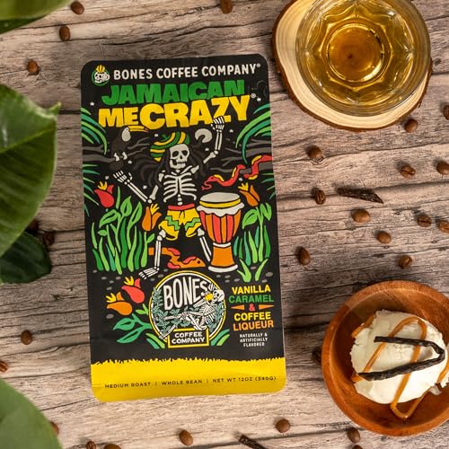 Bones Coffee Company Jamaican Me Crazy Flavored Beans, Whole Bean Coffee Medium Roast Low Acid, Vanilla Caramel and Coffee Liqueur Flavor (12 oz)