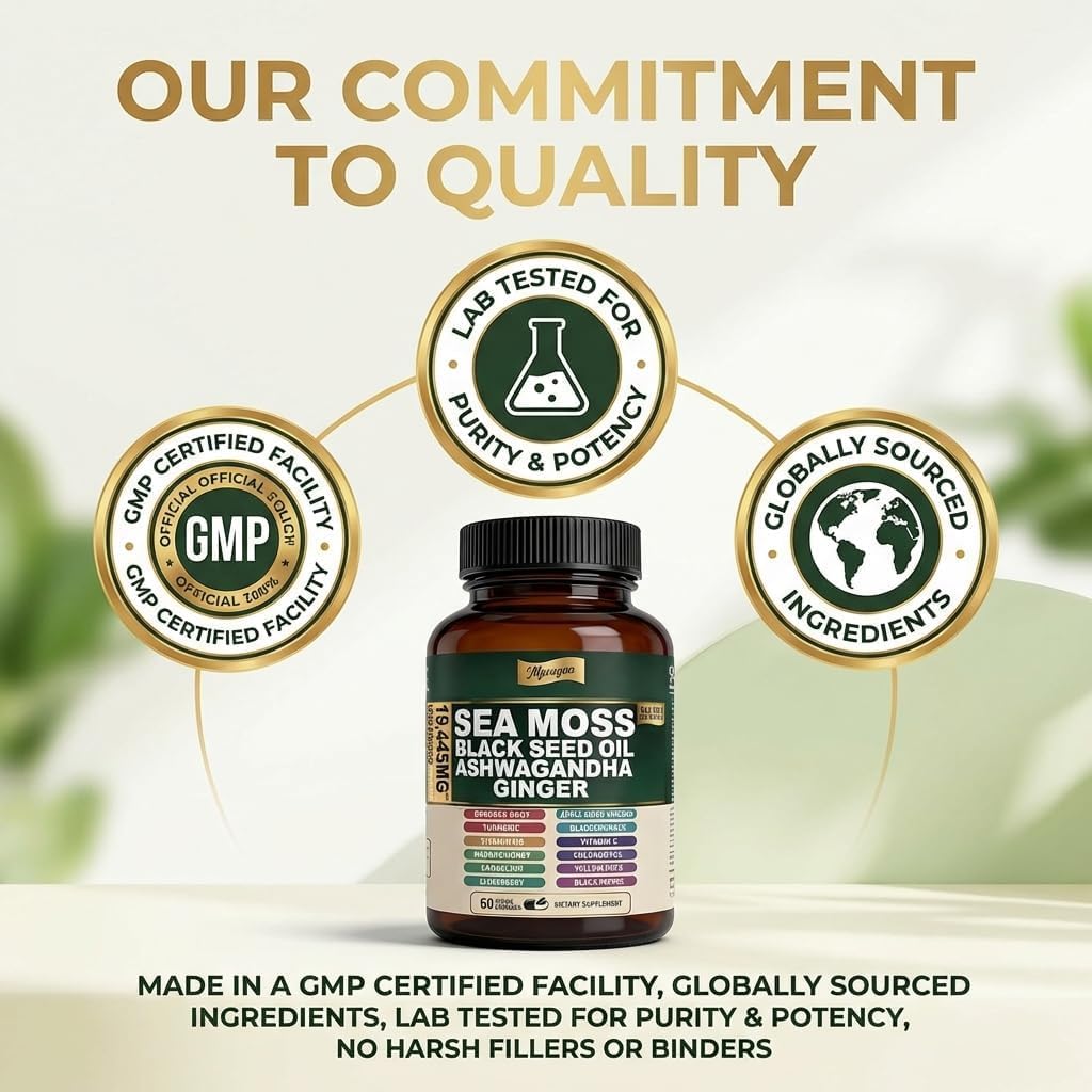 MPRAYAN Sea Moss Black Seed Oil Ashwagandha Capsules - 10:1 Extract Blend 60ct