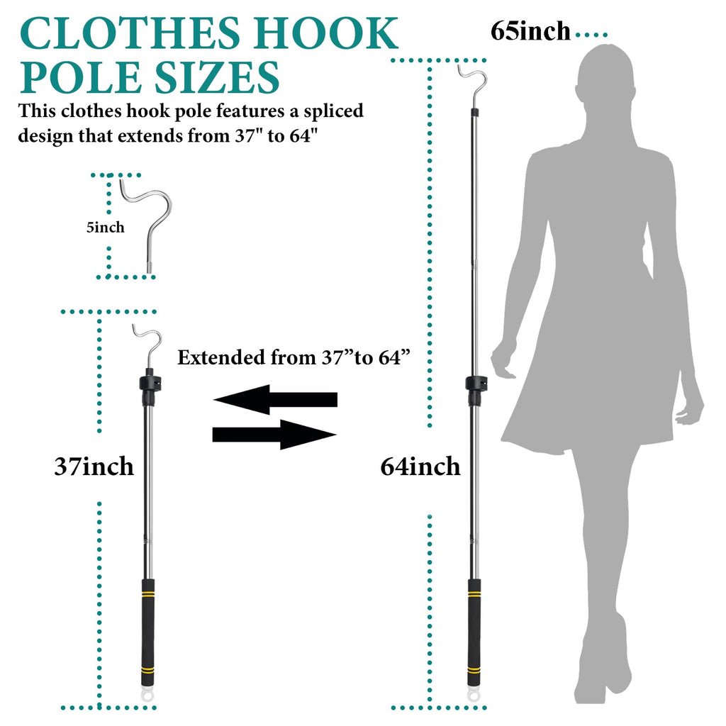 Greeily Clothes Hanger Reaching Hook Telescopic Adjustment clothes hook pole Light and can Extend from 37" to 65" with 4.7 "Hook and Sponge Handle.