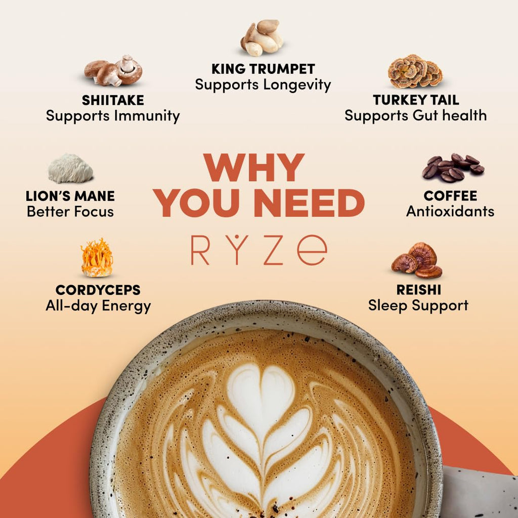 RYZE SUPERFOODS RYZE n Shine Bundle, USDA Organic Mushroom Coffee + Probiotic Coffee Creamer with 6 Adaptogenic Mushrooms and MCT Oil or Better Energy, Focus, Digestion, Immunity, 30 + 30 Servings