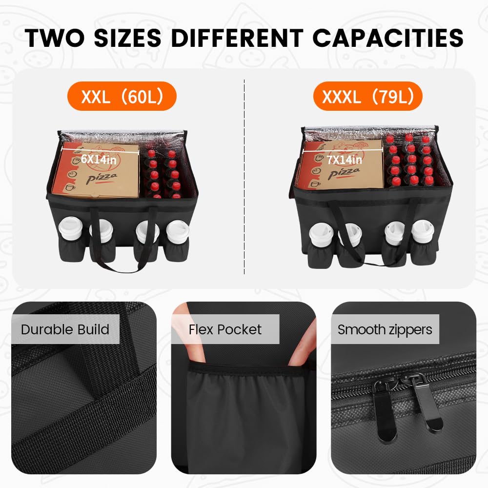 CIVJET Insulated Food Delivery Bag with 4 Cup Holders, XX-Large Insulated Grocery Bags Keep Food Hot/Cold, Cooler Bags with Drink Carrier, Food Carrier Catering Bag, Commercial Food Warmers, Black
